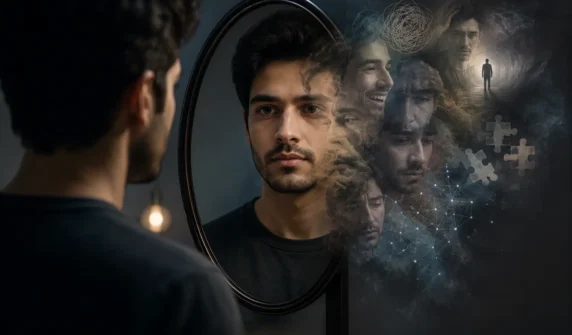 آئینے کے سامنے کھڑا شخص جس کے چہرے پر پوشیدہ جذبات اور شخصیت کی عکاسی ہو رہی ہے